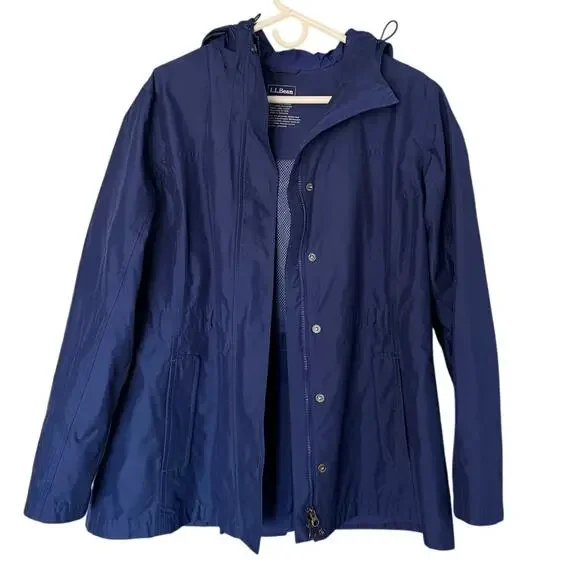 L.L. Bean H2OFF Hooded Rain Jacket Women’s Large Navy Waterproof Spring - Picture 4 of 5